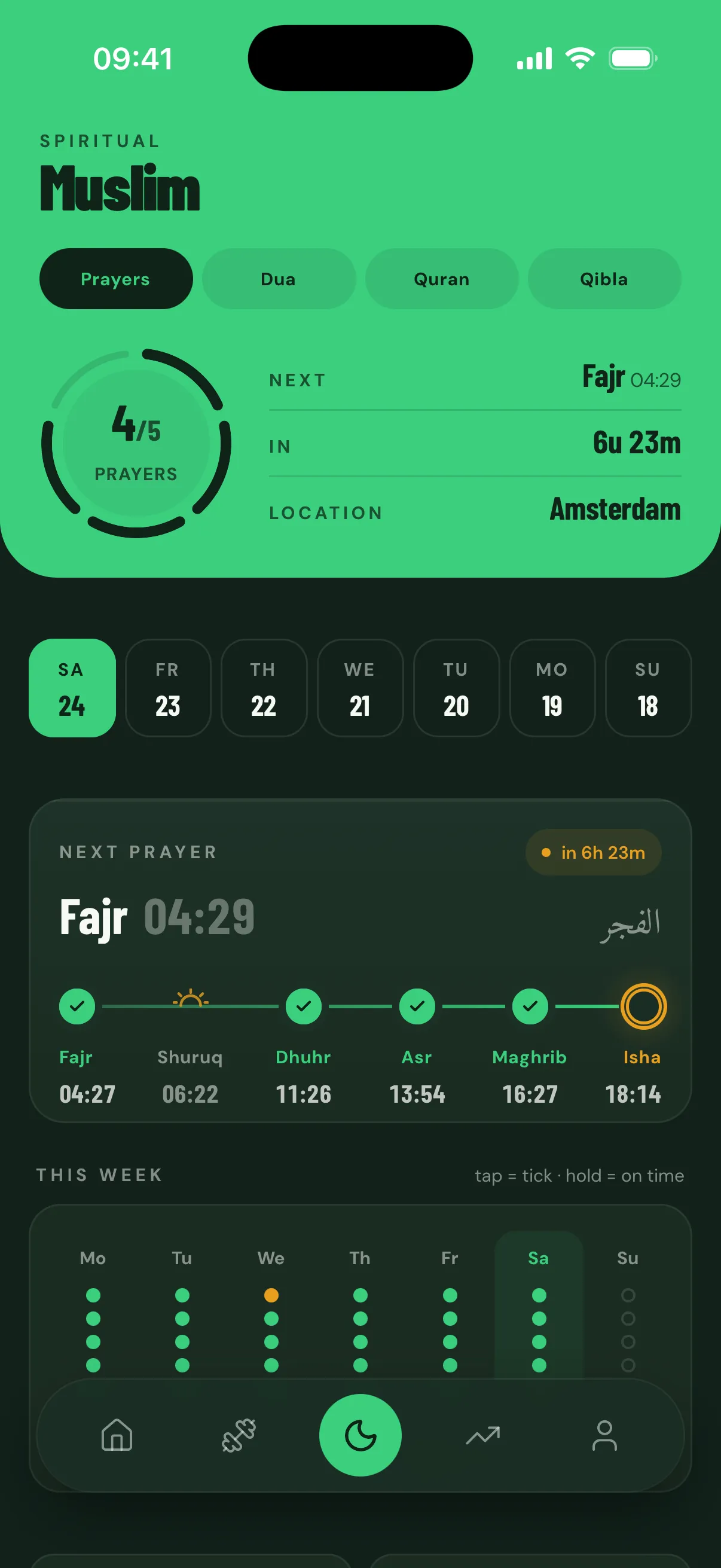 The FitMuslim prayer screen with today’s prayer times