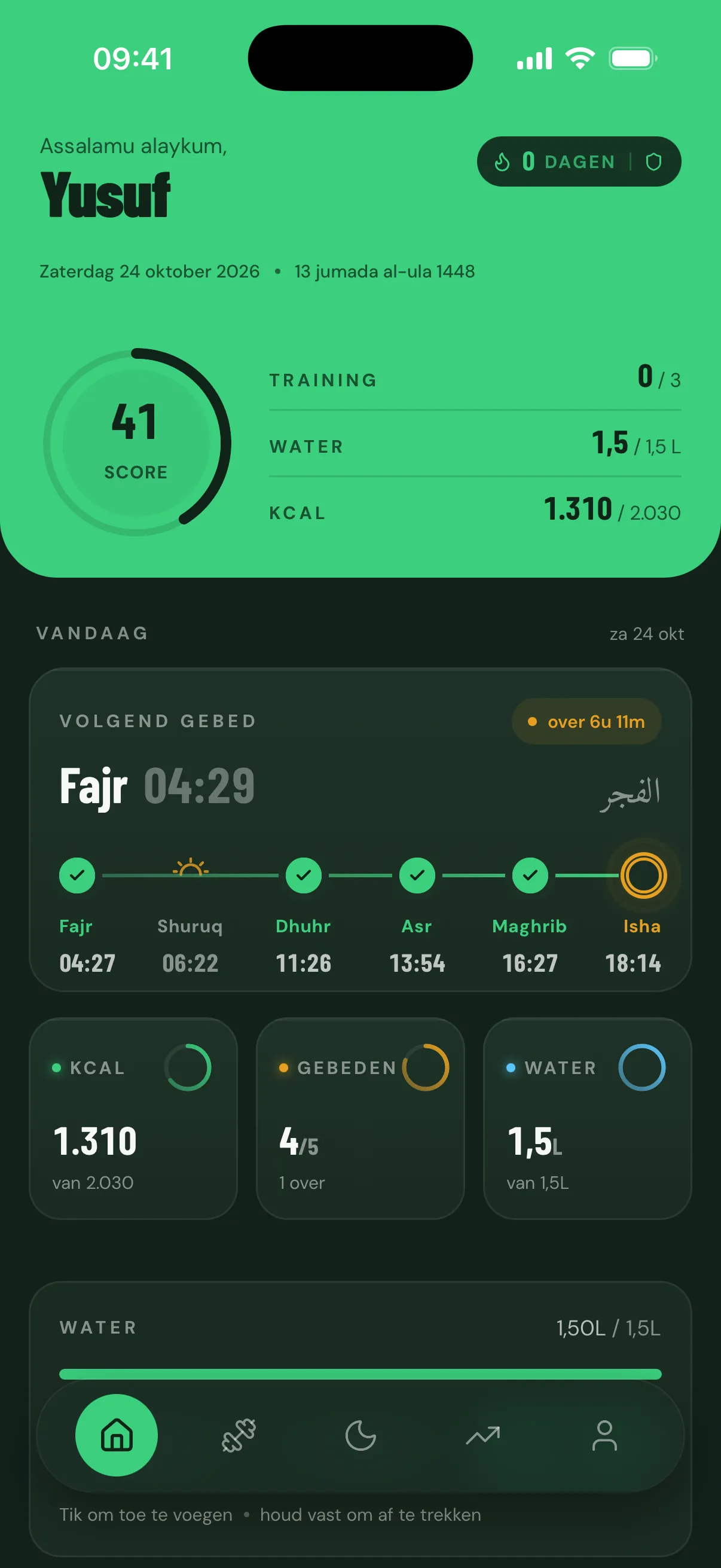 Het startscherm van FitMuslim met stappen, gebeden en de dagscore